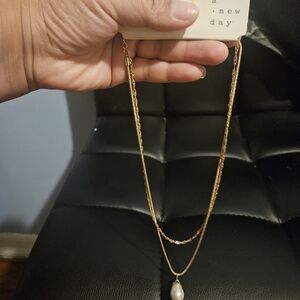 Gold-Tone Layered Necklace with Pearl Pendant